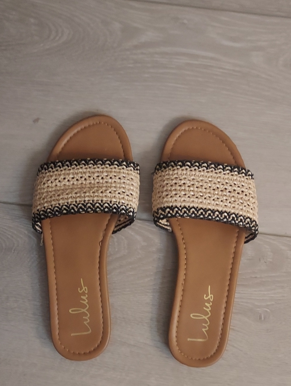 Lulu's Tan Slide Sandals with Woven Natural Strap and Black Trim